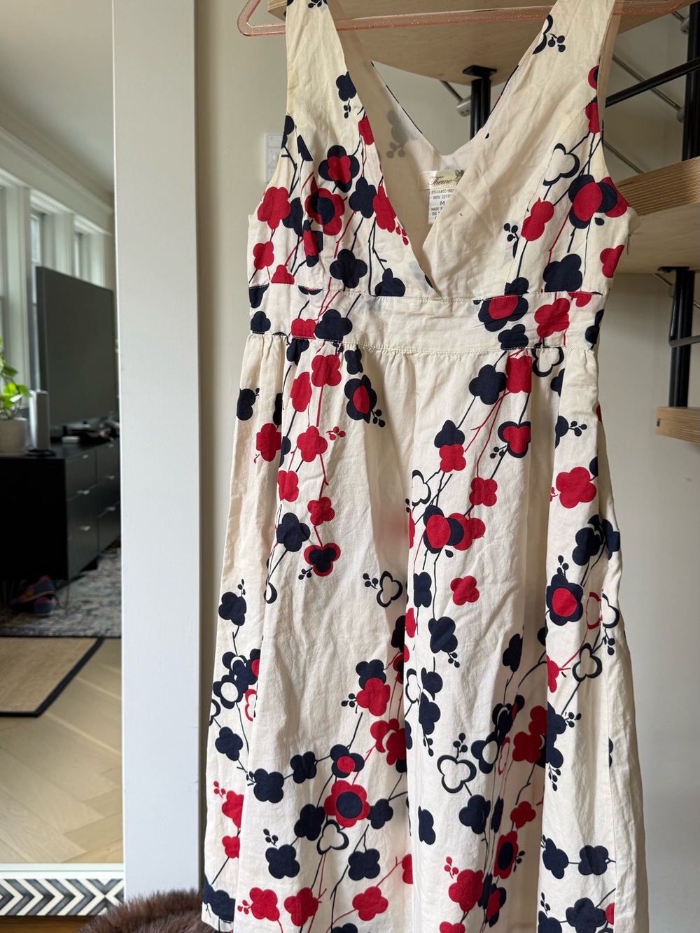 Cream Floral V-Neck Sleeveless Dress with Red & Navy Print M